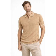 Alfanora Erkek Düğmeli Yaka Triko Dokuma Tişört Desenli Yazlık Şık Günlük Triko Tişört - Kahverengi