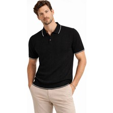 Alfanora Erkek Düğmeli Yaka Triko Dokuma Tişört Desenli Yazlık  Şık Günlük Triko Tişört - Siyah