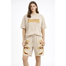 Alfanora Kadın Bej Oversize Baskılı Tişört Şort Takım Cepli Şort Yazlık Rahat Günlük Kombin - Bej