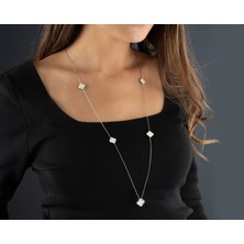 Sedef Taşlı 5 Motif Yonca Uzun Kolye 90 cm – 925 Ayar Gümüş Van Cleef Stil Yonca Kolye