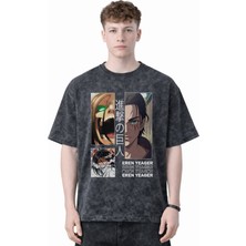 Sevbano Tasarım Eren Yeager Attack On Titan Anime Baskılı Unisex Oversize Eskitme Yıkamalı Tişört