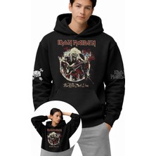 Fuddy Moda Unisex Oversize Iron Maiden Fear Of The Dark Kol Baskılı Kapüşonlu Rock Band Sweatshirt