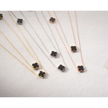 Oniks Taşlı 5 Motif Yonca Uzun Kolye 90 cm – 925 Ayar Gümüş Van Cleef Stil Yonca Kolye