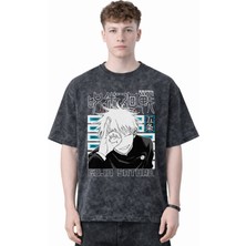 Sevbano Tasarım Satoru Gojo Jujutsu Kaisen Anime Baskılı Unisex Oversize Eskitme Yıkamalı Tişört