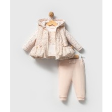 Bebeva Baby Kız Bebek Pudra Pembe Peluş Kürklü Kapüşonlu Yelek, Body ve Pantolon 3'lü Kombin Takım