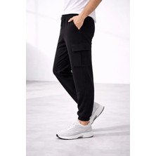 Erkek Jogger Eşofman Altı Regular Fit , Kargo Cepli, Lastikli Paça, Günlük Spor Pantolon - Siyah