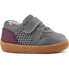Rakerplus Bob Hakiki Deri Gri Bordo Barefoot Cırtlı Lastikli Bebek Sneaker Ayakkabı
