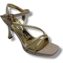 Erbay 688-26 Parlak Simli Saten 3 Bant Orta Topuk Kadın SANDALET(10CM)