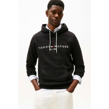 Tommy Hilfiger Erkek Tommy Logo Regular Fit Kapüşonlu Sweatshirt - Siyah