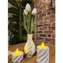 Peace Of Art Spiral 3D Baskı Dekor Seti ( Vazo, 2 LED Mum, 2 Mumluk ve 3 Beyaz Lale Dahil )