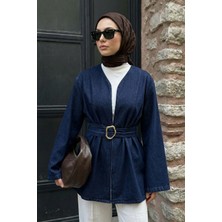 inStyle Geniş Kol Kuşaklı Koyu Mavi Kot Ceket