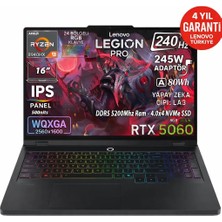 Lenovo Legion Pro 5 16ADR10 Amd Ryzen 9 8940HX 32GB 1TB SSD RTX 5060 8GB (115W) 16" WQXGA (2560X1600) 240Hz 2K IPS Panel Freedos Taşınabilir Bilgisayar 83LT005RTR