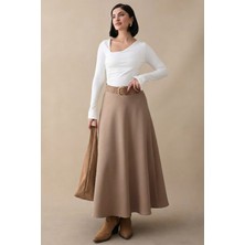 inStyle Kloş Beli Lastikli Scuba Koyu Bej Etek