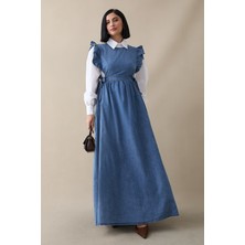 inStyle Frida Omuzu Fırfırlı Kot Jile Elbise - Mavi