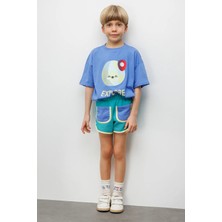 Le Mabelle Mavi Mottolu Figürlü Çocuk Tişört Şort Ikili Takım - Lole