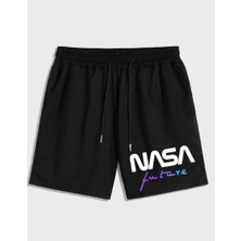 Punix Punıx Büyük Beden Rahat Kalıp Nasa Future Baskılı Pamuk Dokuma Siyah Erkek Battal Şort