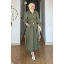 Tesettür Diyarı Nale Cupra Tansel Kumaş Kemerli Gömlek- Etek Tesettür Takım- Haki