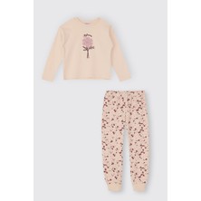 Panço Kız Çocuk Çiçek Desenli Bej Pijama Takımı
