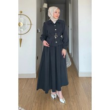 Tesettür Diyarı Nale Cupra Tansel Kumaş Kemerli Gömlek- Etek Tesettür Takım- Antrasit