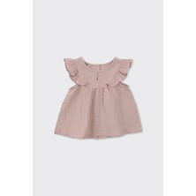 Panço Kız Bebek Kolları Fırfırlı Yumuşak Dokulu Müslin Pembe Bluz