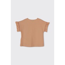 Panço Kız Çocuk Kolları Detaylı Kısa Kollu Somon Tişört