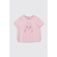 Panço Kız Bebek Pembe Tişört Kısa Kol Fırfır Detaylı Günlük Stil Örme Kumaş
