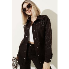 Qimya Butik Levure Kadın Önü & Kolu Taş Baskılı Çift Cepli Oversize Ceket Gömlek