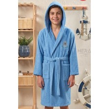 Hera Textile Çocuk Bornozu Pamuklu Kapüşonlu Mavi 13-18 Yaş Unisex-Kız-Erkek Kemerli Dümen Nakışlı Genç Bornoz