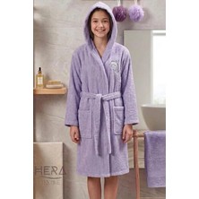 Hera Textile Çocuk Bornozu Pamuklu Kapüşonlu Lila 13-18 Yaş Unisex-Kız-Erkek Kemerli Yunus Nakışlı Genç Bornoz