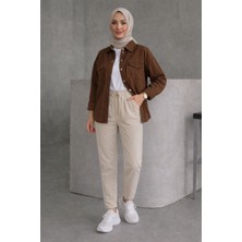 Tesettür Diyarı Kadın Beli Lastikli Keten Pantolon- Bej