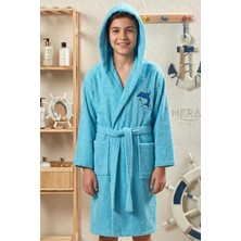 Hera Textile Çocuk Bornozu Pamuklu Kapüşonlu Turkuaz 13-18 Yaş Unisex-Kız-Erkek Kemerli Yunus Nakışlı Genç Bornoz