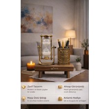 FaroxTech Oxford Tasarımlı Metal Kalemlik ve Hareketli Kum Saati - Masif Ahşap Standlı