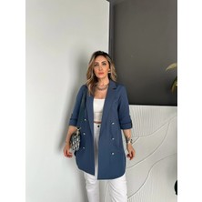Qimya Butik Qimene Kadın Metal Düğmeli Önü Açık Rahat Kalıp Ceket