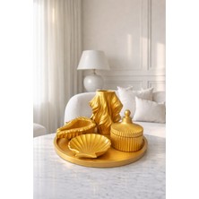 The Mark Decor Gold Lüks Dekoratif 5'li Set - Vazo, Kapaklı Kutu, Tepsi & Midye Kabuğu Ev Salon Dekorasyon