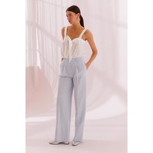 Kadın Yüksek Bel Geniş Paça Çift Düğme Detay Ince Kumaş Mavi Pantolon NAAR12225-MAVİ