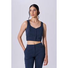 Kadın Mini Cepli Düğme Kapamalı Kısa Lacivert Büstiyer NAAR91300-LACİVERT
