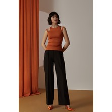 Kadın Yüksek Bel Geniş Paça Düğme Kapama Düz Siyah Pantolon NAAR12213-SİYAH