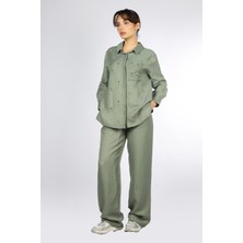 Lady Gına Kadın Pamuklu Gömlek Yakalı Uzun Kollu  Düğme Kapamalı Haki Alt-Üst Takım JGNBVB24Y8156-HAKİ