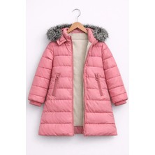 Kız Çocuk Pembe Şişme Mont Kapüşonlu Kürklü Kışlık Uzun Model