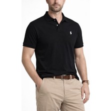 Erkek Siyah Polo Yaka Kısa Kollu Basic Tişört – Nakış Logo Detaylı Pamuklu Şık Polo T-Shirt