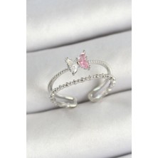 Alvo Store Buğz Pirinç Kelebek Figürlü Zirkon Taşlı Gümüş Renk Ayarlanabilir Kadın Yüzük
