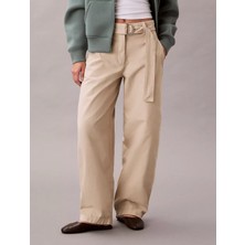 Calvin Klein Kadın Yüksek Bel Geniş Paça Belde Kemer Detay Dokuma Kumaş Krem Pantolon LV044E619G-2F2