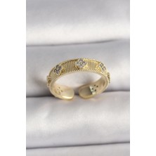 Alvo Store Buğz Pirinç Gold Renk Zirkon Taşlı Yonca Işlemeli Ayarlanabilir Yüzük