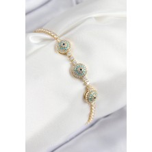 Alvo Store Buğz Pirinç Zirkon Taşlı Nazar Model Gold Renk Kadın Bileklik