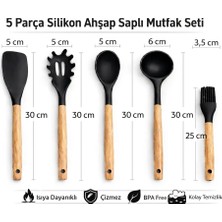 Tiran Aşkana  5 Parça Ahşap Saplı Silikon Mutfak Servis Seti-Yanmaz Yapışmaz Kepçe Spatula Kaşık Fırça-Asorti Renkler