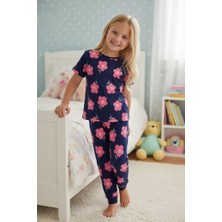 Zm Kids Isobel Kız Çocuk Çiçek Baskılı %100 Pamuk Kısa Kollu Süprem Kumaş  Pijama Takımı Lacivert