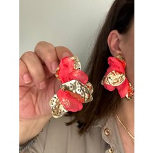 ALS Tasarım Dünyası Kadın Gold Renk Metal Araları Turuncu Tül Detaylı Şık Renkli Küpe