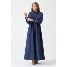 Vavinor Önü Düğmeli Denim Elbise - Mavi