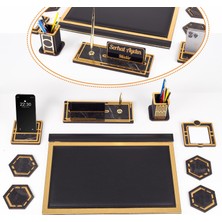 Ofistike Titan Altın Varaklı Deri Sümen Takımı Mermer Desen Ahşap Isme Özel Masa Isimliği Masaüstü Isim Seti