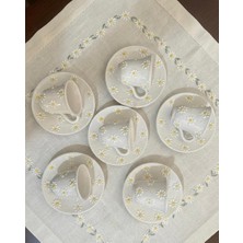 Den Tasarım Hediyelik Beyaz Çiçek Işlemeli Kahve Fincan Seti